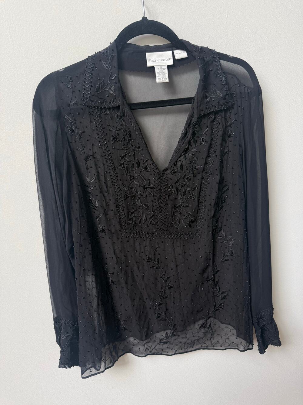 Worthington 100% Silk Beaded Embroidered Sheer Blouse Black Size 12 Whimsigoth